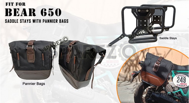 For Royal Enfield Bear 650 Canvas and Leather Pannier Bags With Saddle Stays - SPAREZO